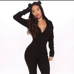 Cutie Hooded Jumpsuit With Ears - Black